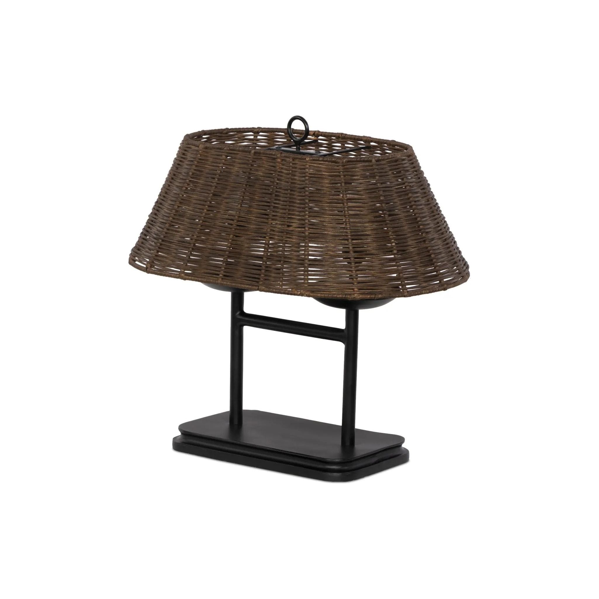 Featuring Harwick Jet Black Table Lamp by Four Hands at Amethyst Home. Craft a warm vibe in any space with a texture-driven table lamp of brown-finished rattan. Black iron shapes a double-arm base with traditional ogee-edge detailing, while a pill-shaped woven shade lets light through to set just the right mood.Overall Dimensions: 20.00"w x 14.00"d x 1. Amethyst Home provides interior design, new home construction design consulting, vintage area rugs, and lighting in the Salt Lake City metro area.