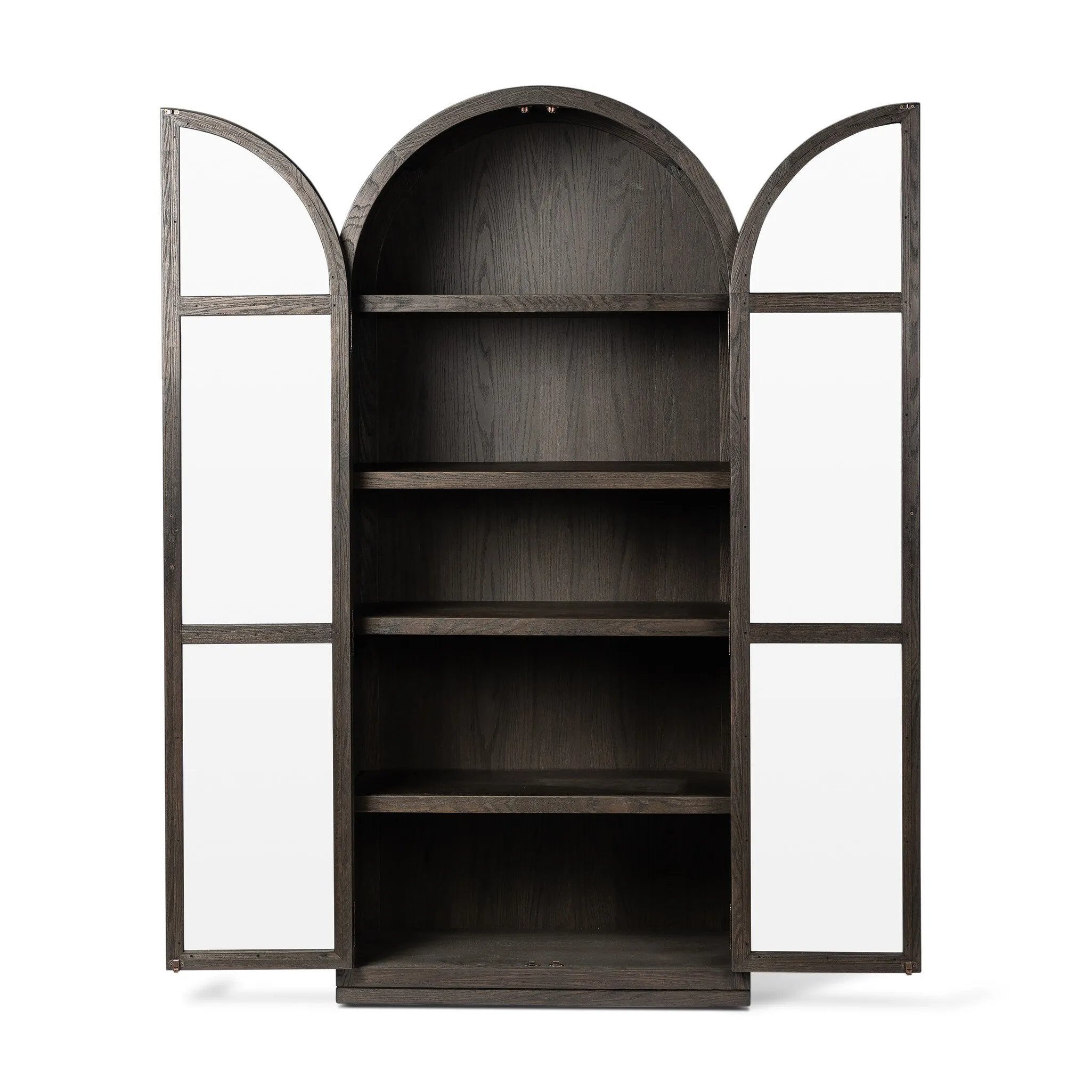 Featuring Hepburn Dark Anthracite Oak Veneer Cabinet by Four Hands at Amethyst Home. Beautifully arched with a flush plinth base, a versatile oak cabinet features a dark, rich finish. With generous interior shelving, a tempered glass front allows you to showcase favorite books and treasures — letting anyone who enters your space know exactly who you are. . Amethyst Home provides interior design, new home construction design consulting, vintage area rugs, and lighting in the Los Angeles metro area.