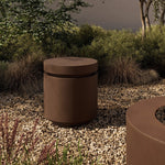 This outdoor propane tank enclosure pairs with fire tables for a clean, seamless look. Made from glass-reinforced concrete, each piece is naturally finished with deep tones of pewter and dark grey. It can act as an end table with its lid on, and has cutouts at the base for hose attachments. Amethyst Home provides interior design, new home construction design consulting, vintage area rugs, and lighting in the Monterey metro area.