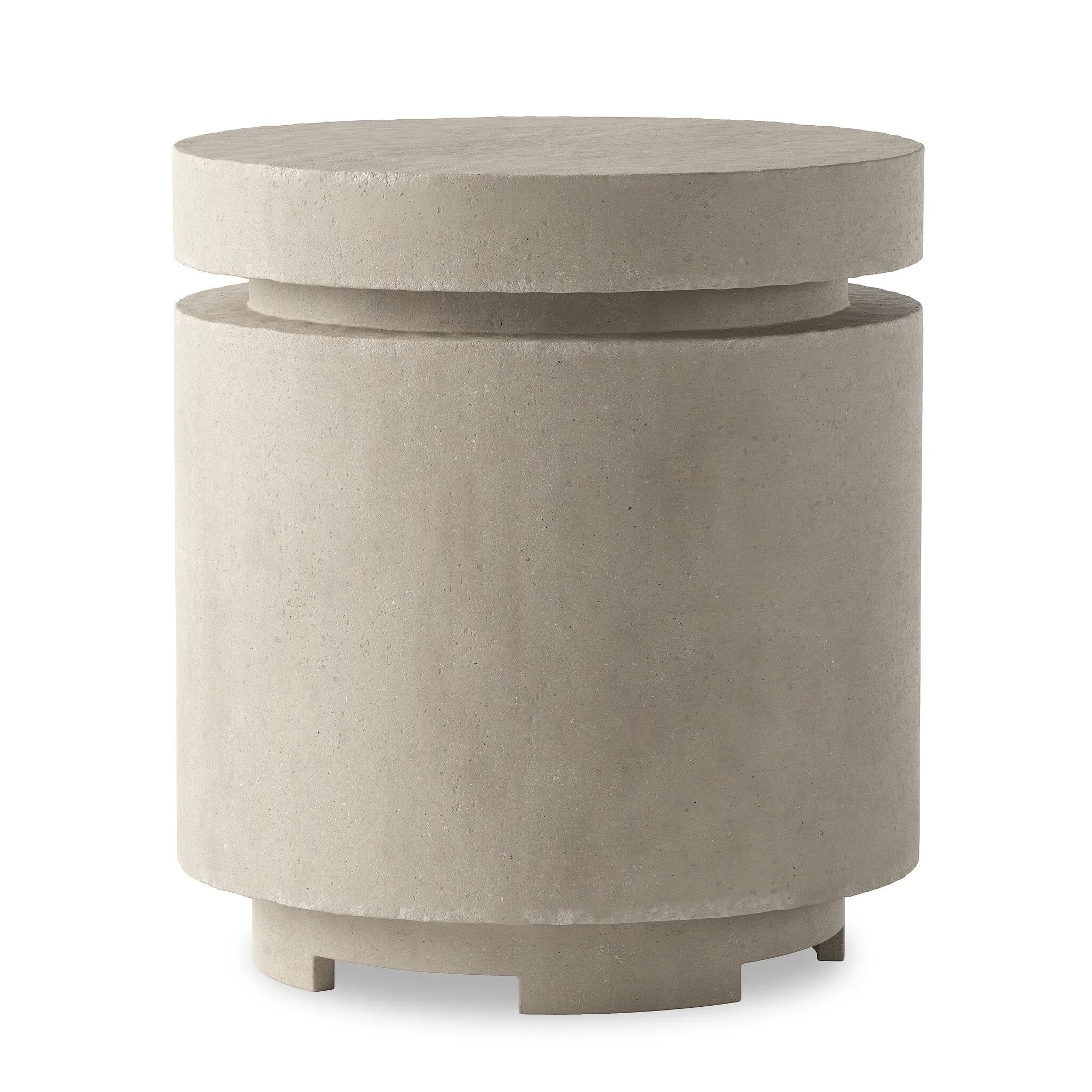This outdoor propane tank enclosure pairs with fire tables for a clean, seamless look. Made from glass-reinforced concrete, each piece is naturally finished with subtle tones of grey and cream. It can act as an end table with its lid on, and has cutouts at the base for hose attachments. Amethyst Home provides interior design, new home construction design consulting, vintage area rugs, and lighting in the Winter Garden metro area.