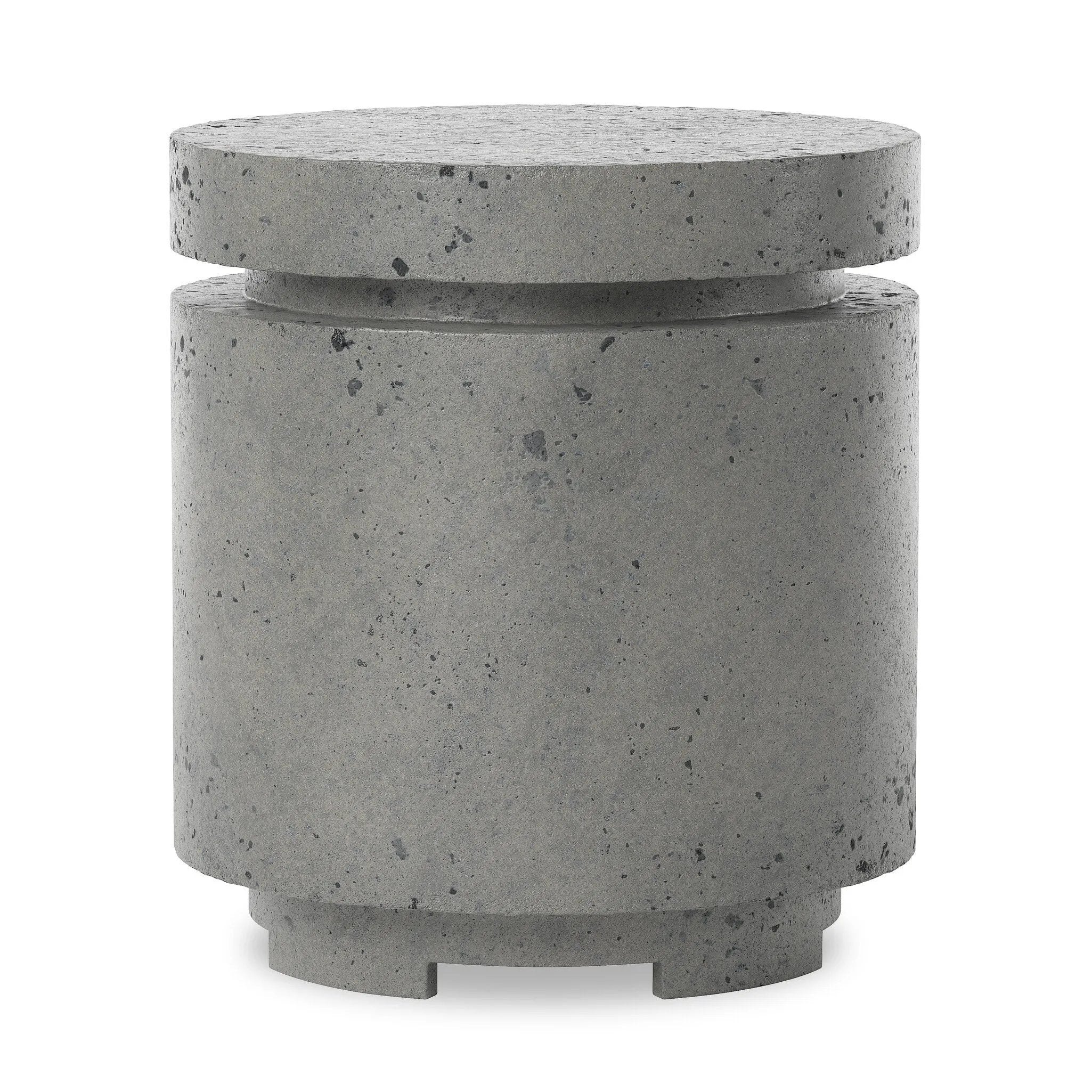 This outdoor propane tank enclosure pairs with fire tables for a clean, seamless look. Made from glass-reinforced concrete, each piece is naturally finished with deep tones of pewter and dark grey. It can act as an end table with its lid on, and has cutouts at the base for hose attachments. Amethyst Home provides interior design, new home construction design consulting, vintage area rugs, and lighting in the Tampa metro area.