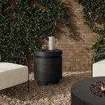 This outdoor propane tank enclosure pairs with fire tables for a clean, seamless look. Made from glass-reinforced concrete, each piece is naturally finished with deep tones of charcoal. It can act as an end table with its lid on, and has cutouts at the base for hose attachments. Cover or store indoors during inclement weather and when not in use. Amethyst Home provides interior design, new home construction design consulting, vintage area rugs, and lighting in the Omaha metro area.