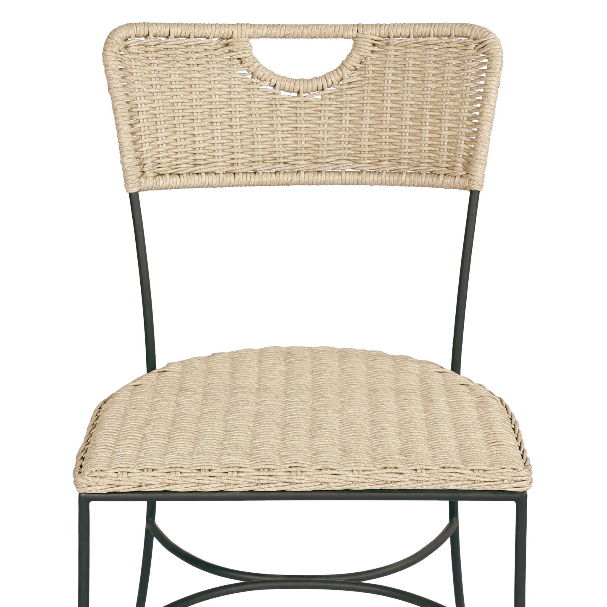 A light, airy take on the traditional bistro shape. This outdoor dining chair features exaggerated splayed legs and a curved X-shaped stretcher, with a handle detail cut out of the woven seat back. Finished with a seat cushion. Cover or store indoors during inclement weather and when not in use Amethyst Home provides interior design, new home construction design consulting, vintage area rugs, and lighting in the Des Moines metro area.