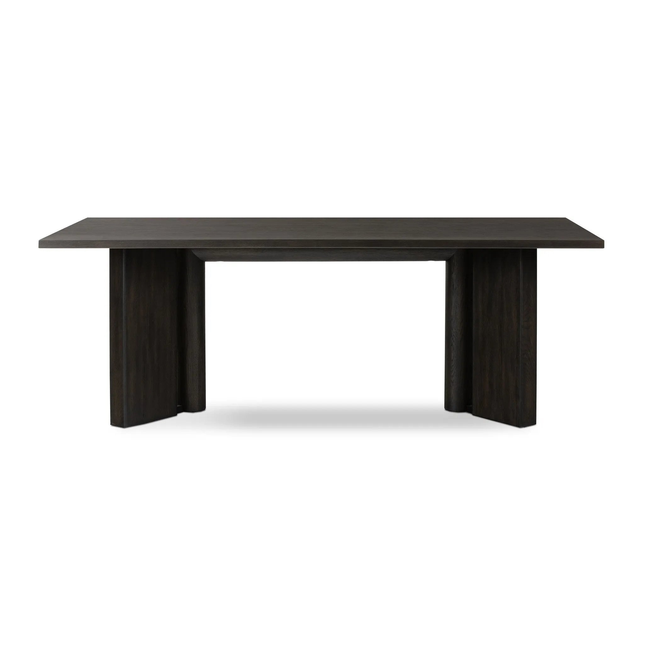 A smoked black finish brings character to this substantially sized dining table. Angled panel legs separated by a round cylinder craft a geometric look.Collection: Haide Amethyst Home provides interior design, new home construction design consulting, vintage area rugs, and lighting in the Washington metro area.