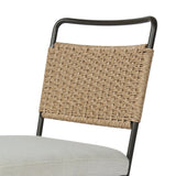 Inspired by Art Deco designs, this outdoor dining chair introduces a sense of movement to a classic silhouette. Subtly curved metal framing, a woven back and upholstered seat cushion craft a thoughtful mix of materials. Cover or store inside during inclement weather and when not in use. Amethyst Home provides interior design, new home construction design consulting, vintage area rugs, and lighting in the Scottsdale metro area.