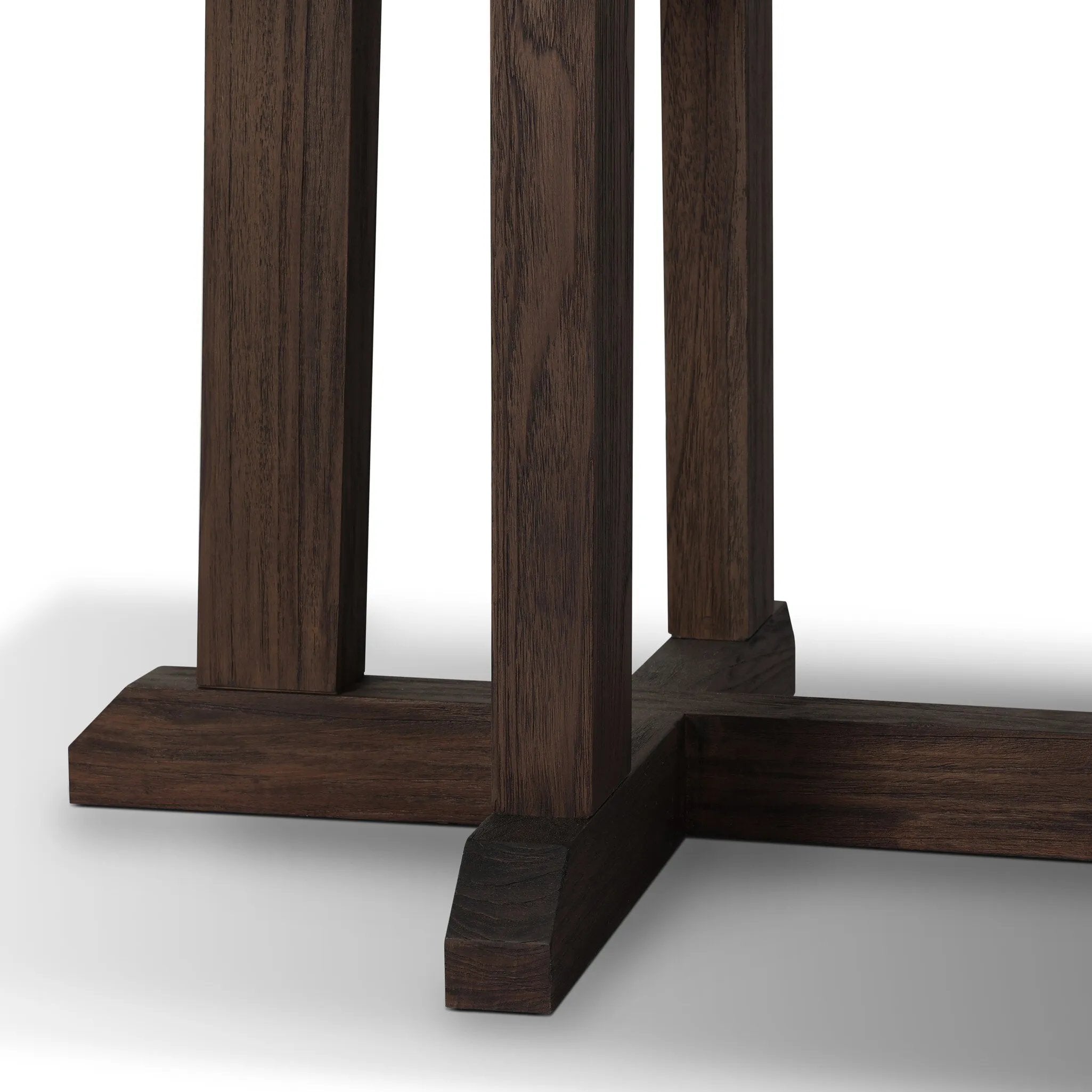 Subtly angled legs meet in a trestle-style stretcher base, pairing with a slatted top for a rustic-style outdoor dining table, also ideal for indoor spaces. Large chamfer details on the base and supports bring softness to FSC®-certified teak. Cover or store inside during inclement weather and when not in use Amethyst Home provides interior design, new home construction design consulting, vintage area rugs, and lighting in the Monterey metro area.
