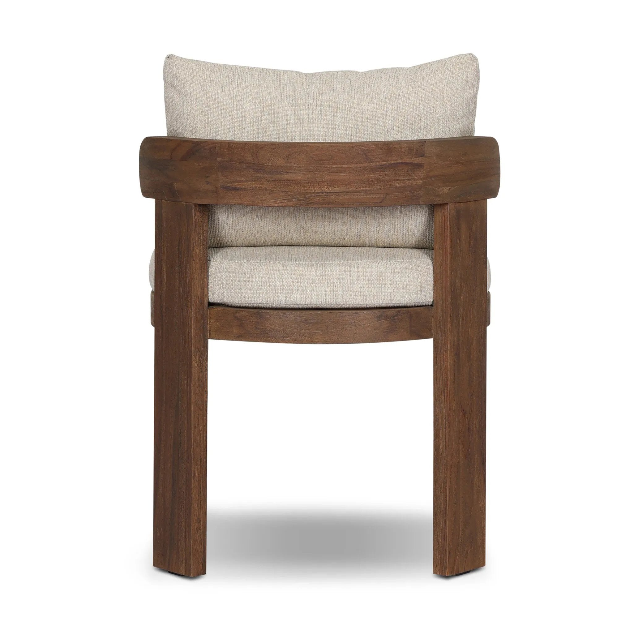 Warm beige upholstery and FSC®-certified teak framing form a simple barrel back outdoor dining chair, complemented by softened edges and a fluid shape for a classic look. Cover or store inside during inclement weather and when not in use. Amethyst Home provides interior design, new home construction design consulting, vintage area rugs, and lighting in the Charlotte metro area.