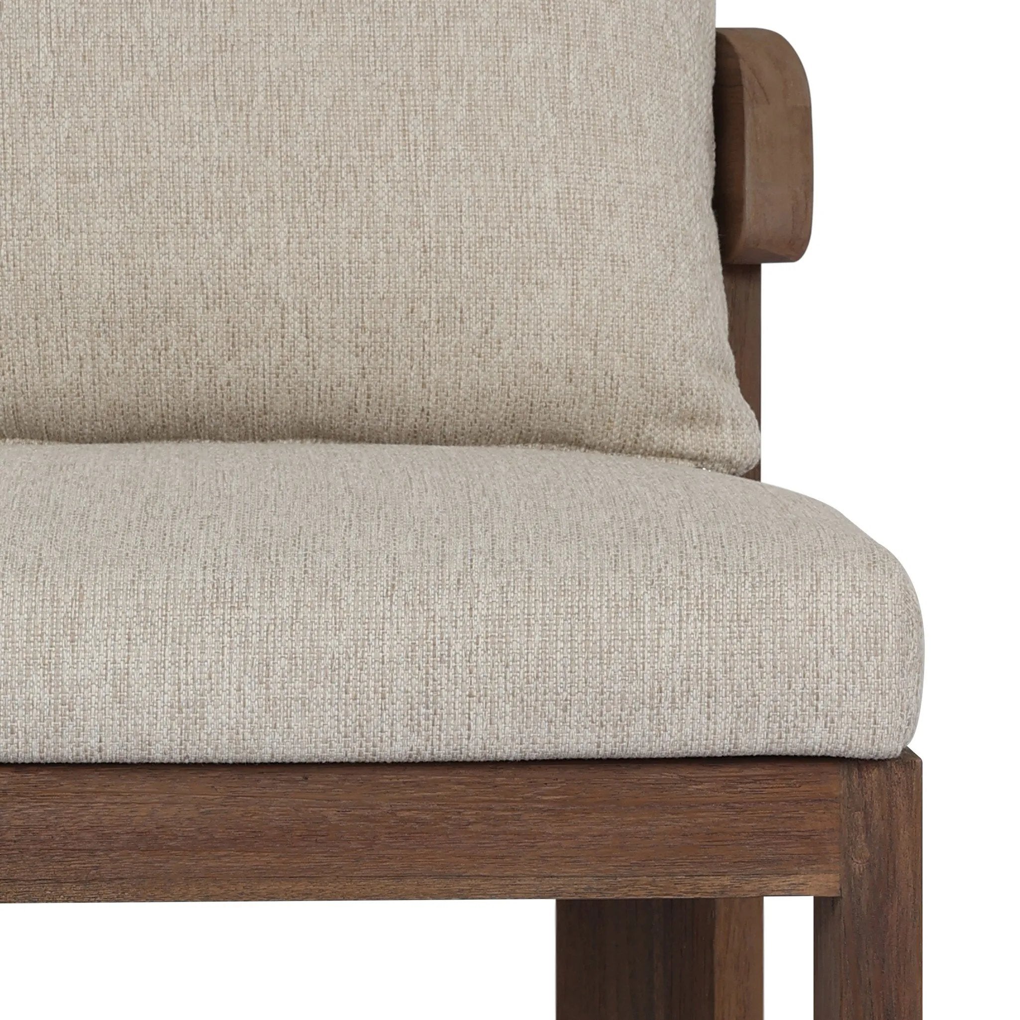 Warm beige upholstery and FSC®-certified teak framing form a simple barrel back outdoor dining chair, complemented by softened edges and a fluid shape for a classic look. Cover or store inside during inclement weather and when not in use. Amethyst Home provides interior design, new home construction design consulting, vintage area rugs, and lighting in the Laguna Beach metro area.