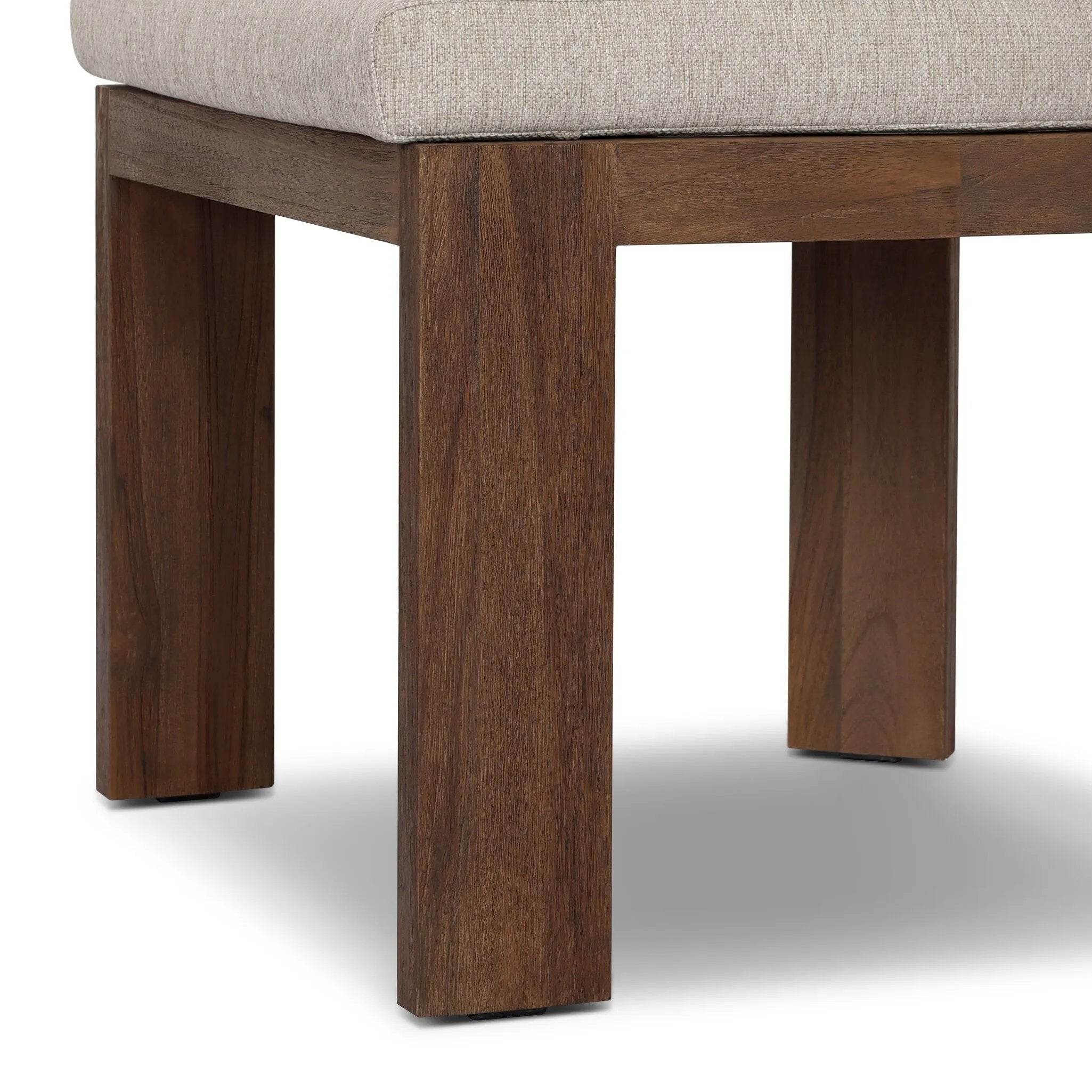 Warm beige upholstery and FSC®-certified teak framing form a simple barrel back outdoor dining chair, complemented by softened edges and a fluid shape for a classic look. Cover or store inside during inclement weather and when not in use. Amethyst Home provides interior design, new home construction design consulting, vintage area rugs, and lighting in the Park City metro area.