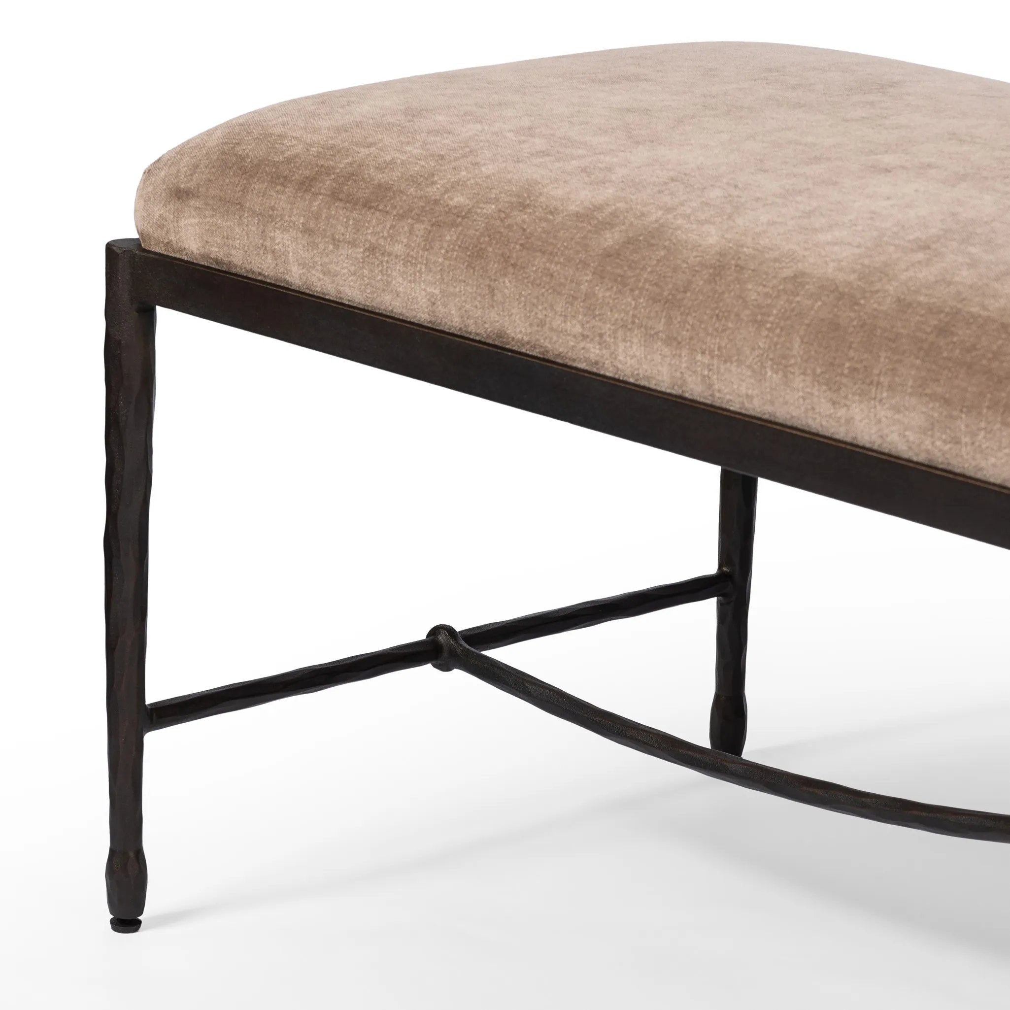 Featuring Jade Altair Mushroom Accent Bench by Four Hands at Amethyst Home. Channel Art Deco with a curved stretcher base of bronzed hammered iron and a velvety seat in a versatile earth tone. Style in the bedroom or entryway to create an extra surface, or in your living space for bonus seating.Overall Dimensions: 70.50"w x 20.50"d x 19.00"hWeight : 83.77 . Amethyst Home provides interior design, new home construction design consulting, vintage area rugs, and lighting in the Alpharetta metro area.