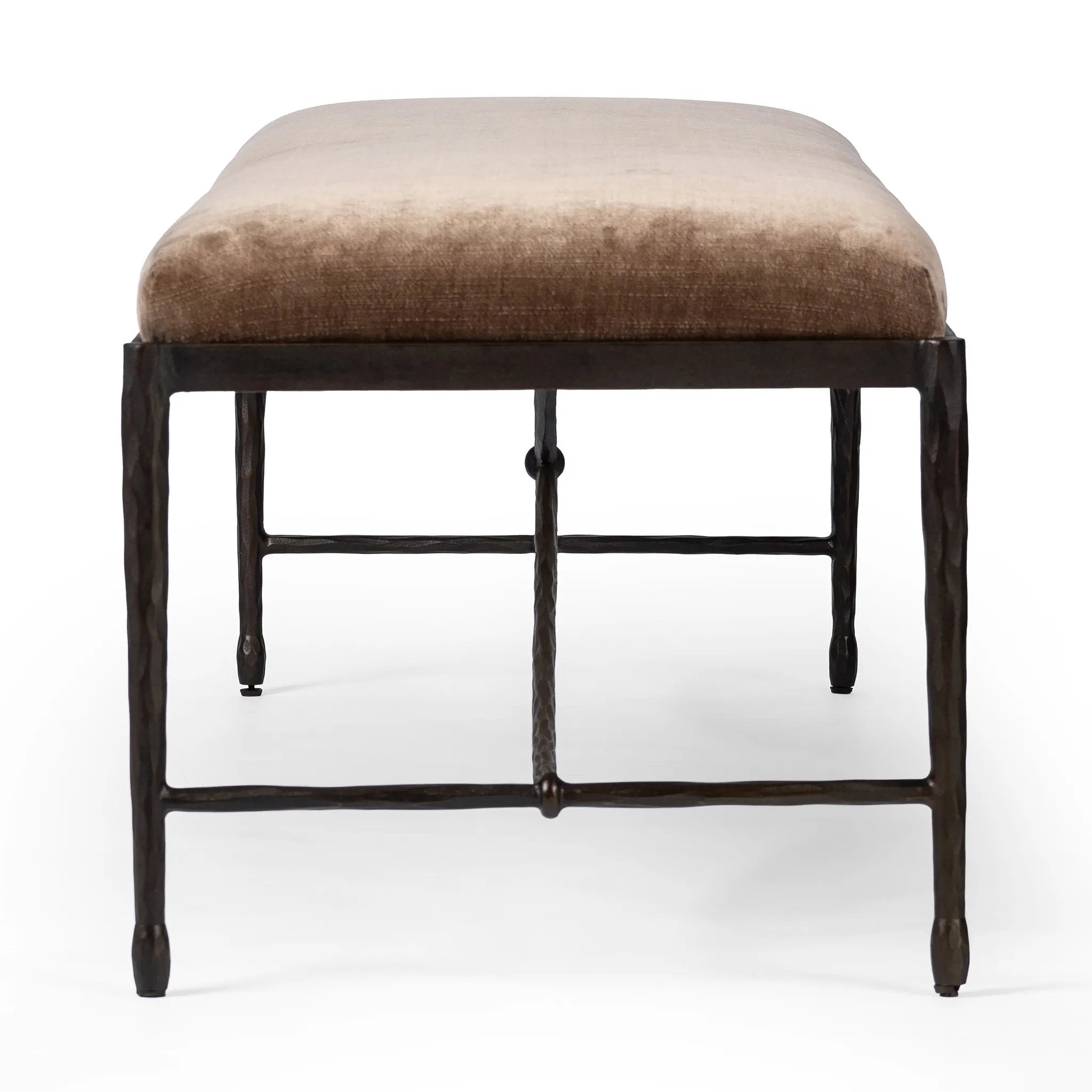 Featuring Jade Altair Mushroom Accent Bench by Four Hands at Amethyst Home. Channel Art Deco with a curved stretcher base of bronzed hammered iron and a velvety seat in a versatile earth tone. Style in the bedroom or entryway to create an extra surface, or in your living space for bonus seating.Overall Dimensions: 70.50"w x 20.50"d x 19.00"hWeight : 83.77 lb. Amethyst Home provides interior design, new home construction design consulting, vintage area rugs, and lighting in the Portland metro area.