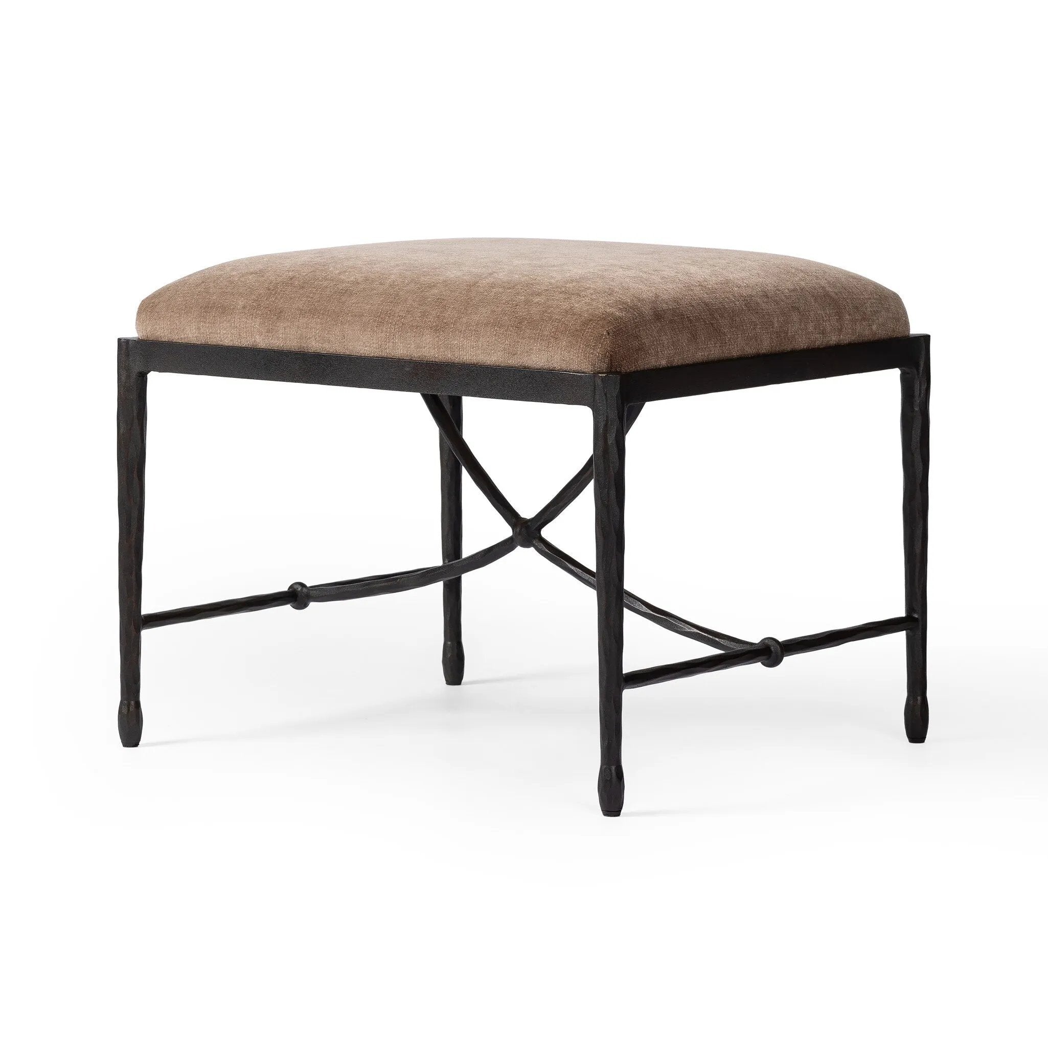 Featuring Jade Altair Mushroom Accent Stool by Four Hands at Amethyst Home. Channel Art Deco with a curved stretcher base of bronzed hammered iron and a velvety seat in a versatile earth tone. Style just about anywhere to create an extra surface or seat. Overall Dimensions: 24.25"w x 20.50"d x 19.00"h. Amethyst Home provides interior design, new home construction design consulting, vintage area rugs, and lighting in the Laguna Beach metro area.
