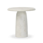 A dome-shaped pedestal base supports a rounded tabletop with bullnose edges. Made from cast white-finished concrete Amethyst Home provides interior design, new home construction design consulting, vintage area rugs, and lighting in the Charlotte metro area.