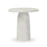 A dome-shaped pedestal base supports a rounded tabletop with bullnose edges. Made from cast white-finished concrete Amethyst Home provides interior design, new home construction design consulting, vintage area rugs, and lighting in the Charlotte metro area.