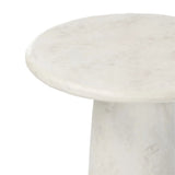A dome-shaped pedestal base supports a rounded tabletop with bullnose edges. Made from cast white-finished concrete Amethyst Home provides interior design, new home construction design consulting, vintage area rugs, and lighting in the Dallas metro area.