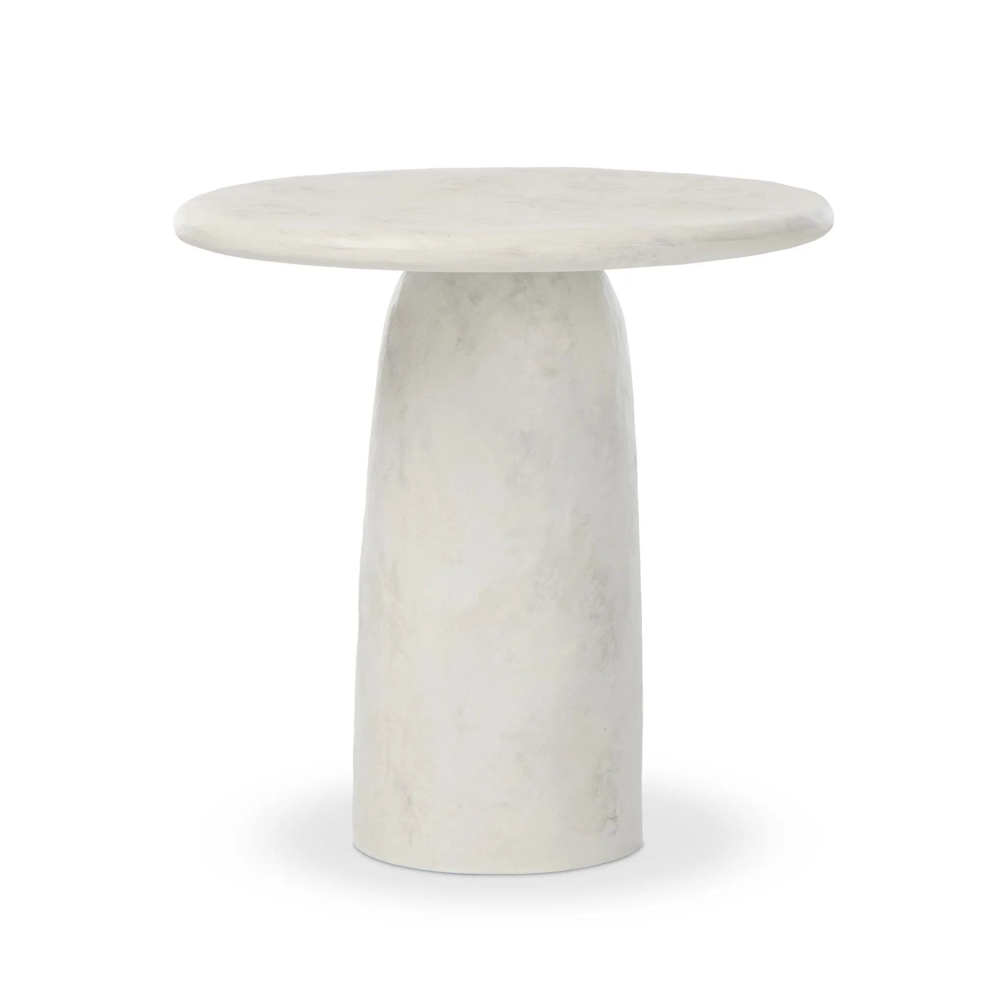 A dome-shaped pedestal base supports a rounded tabletop with bullnose edges. Made from cast white-finished concrete Amethyst Home provides interior design, new home construction design consulting, vintage area rugs, and lighting in the Los Angeles metro area.