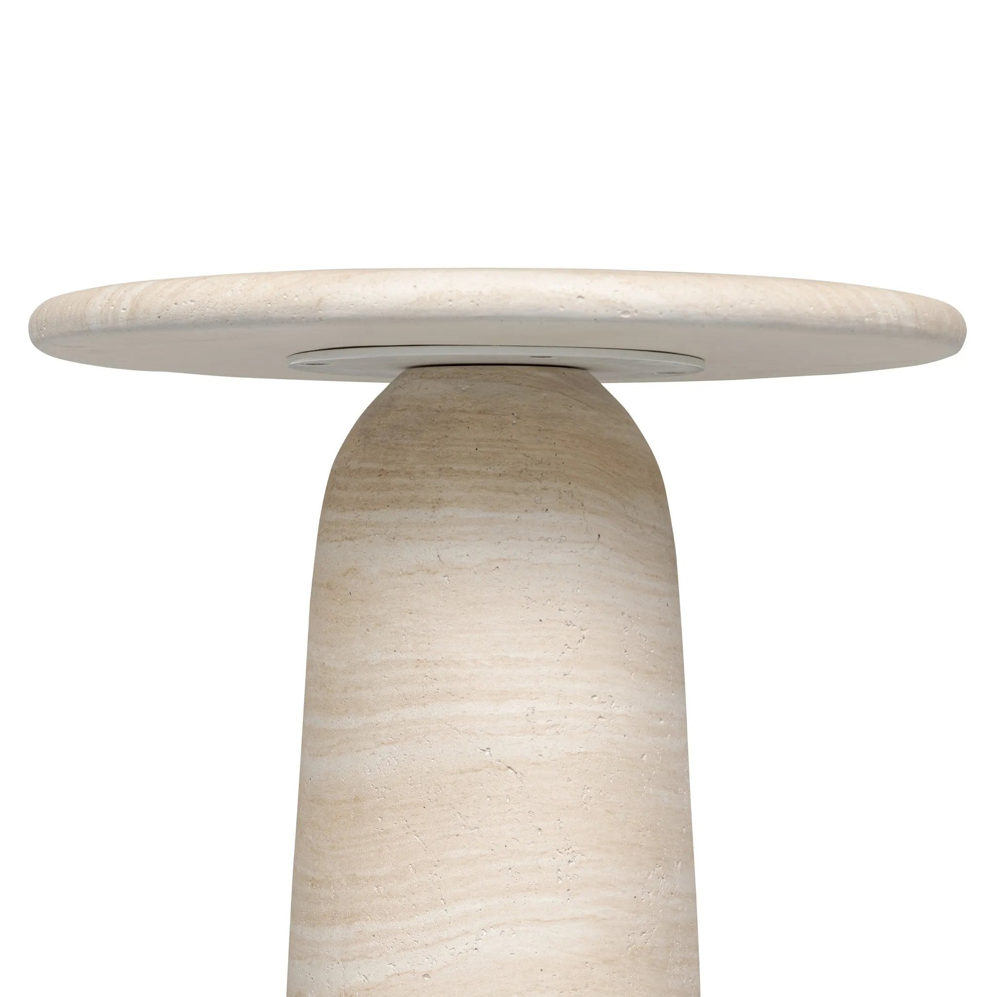 A dome-shaped pedestal base supports a rounded tabletop with bullnose edges. Made from cast concrete with a water-transfer finish which resemble natural stone Amethyst Home provides interior design, new home construction design consulting, vintage area rugs, and lighting in the Nashville metro area.