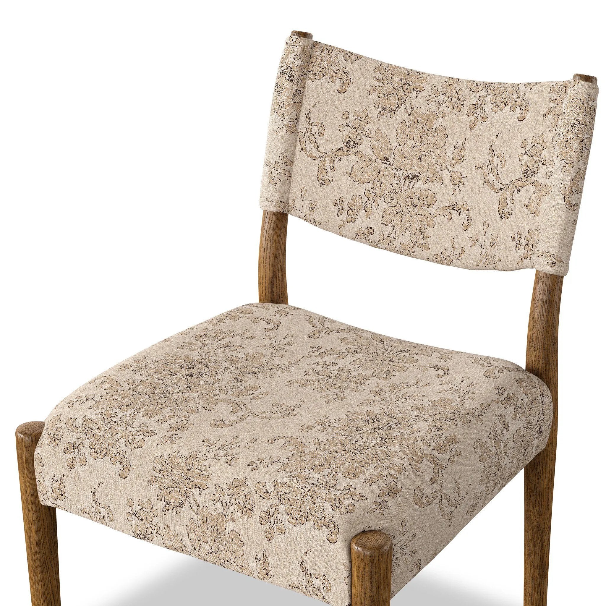 A midcentury-inspired piece brought to modern times. A supportive, sling-style back and seat cushion are upholstered in a soft, velvety fabric, with toasted oak armless framing Amethyst Home provides interior design, new home construction design consulting, vintage area rugs, and lighting in the Park City metro area.