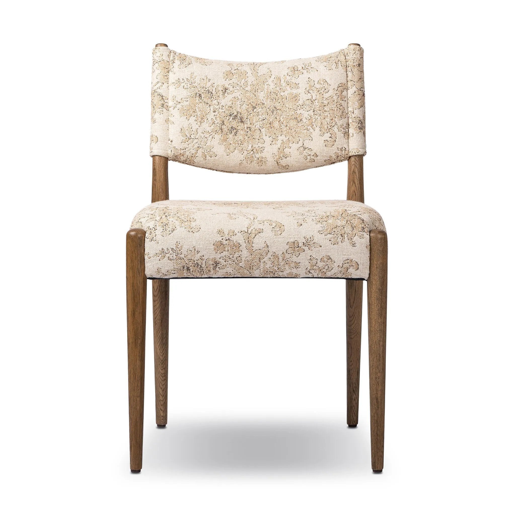A midcentury-inspired piece brought to modern times. A supportive, sling-style back and seat cushion are upholstered in a soft, velvety fabric, with toasted oak armless framing Amethyst Home provides interior design, new home construction design consulting, vintage area rugs, and lighting in the Washington metro area.