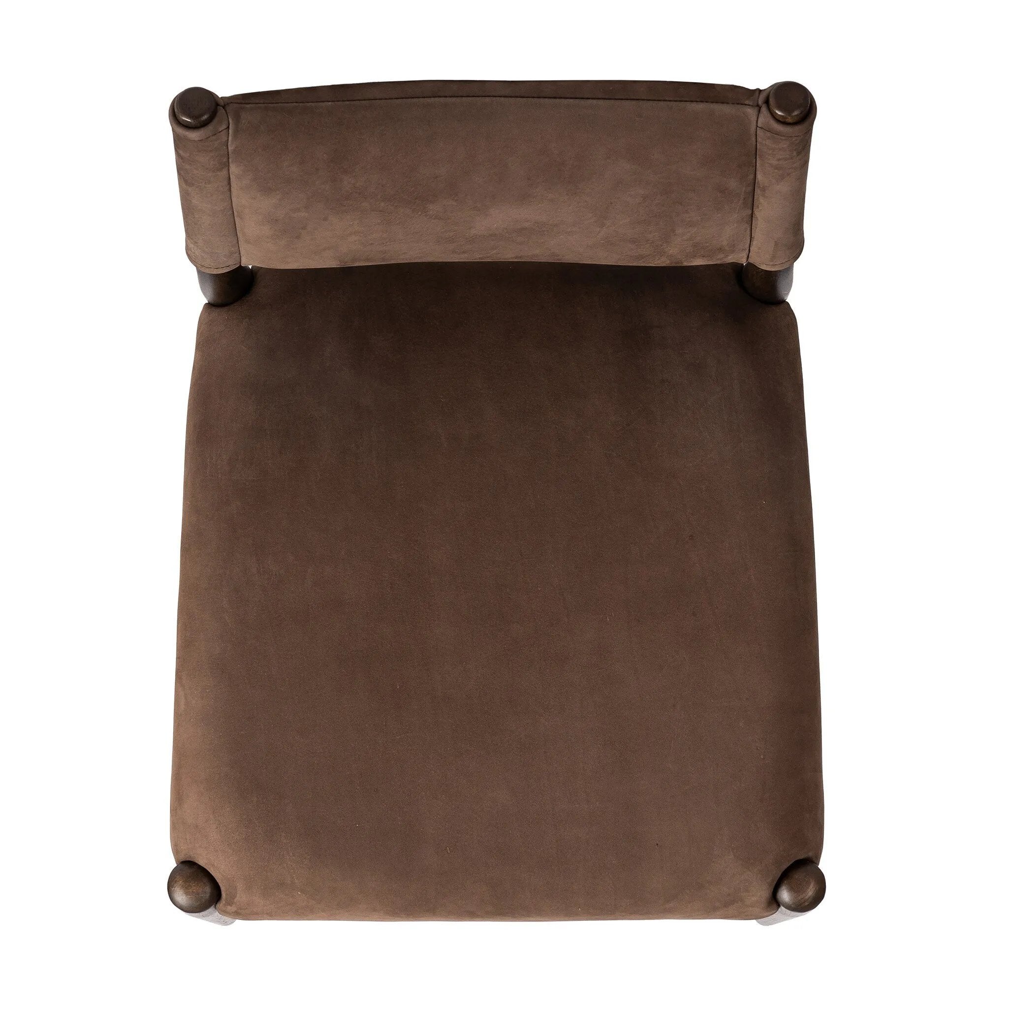 A midcentury-inspired piece brought to modern times. A supportive, sling-style back and seat cushion are upholstered in a soft, velvety fabric, with toasted oak armless framing Amethyst Home provides interior design, new home construction design consulting, vintage area rugs, and lighting in the Miami metro area.