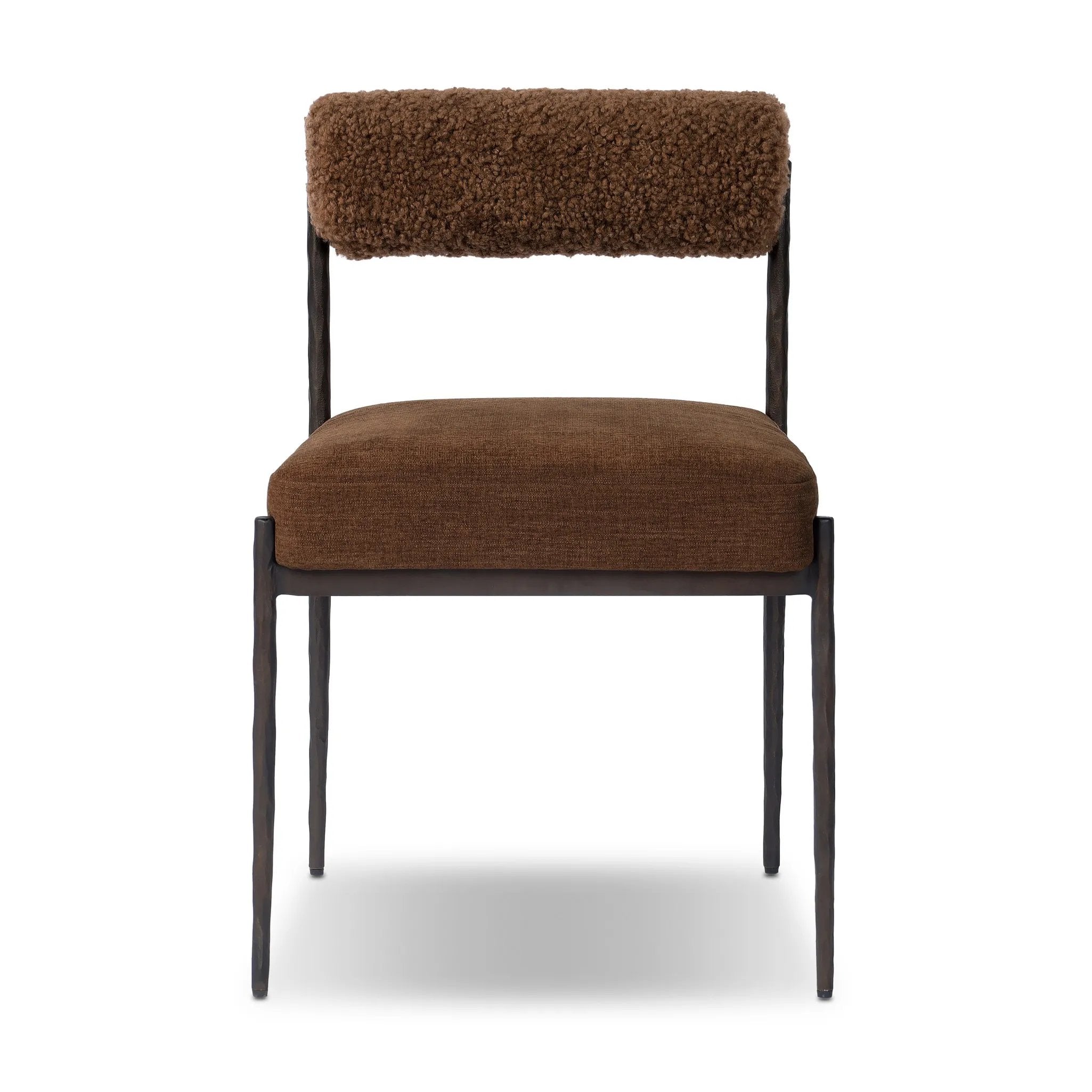 The armless dining chair gets a playful update with a bolstered cylinder seat back. Made from soft shearling and hammered metal — a Seventies-inspired material mix to elevate any dining space. Performance fabrics are specially created to withstand spills, stains, high traffic and wear, ensuring long-term comfort and unmatched durability Amethyst Home provides interior design, new home construction design consulting, vintage area rugs, and lighting in the Winter Garden metro area.