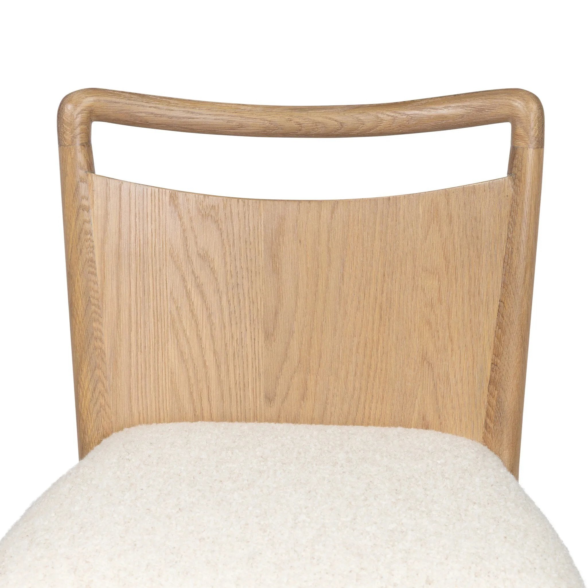 Bring a monochromatic, mixed-material look to the counter. Light solid oak shapes a curved seat back and sturdy frame for comfy seating upholstered with off-white performance fabric. A "handle" opening at the top of the seat back brings a touch of lightness to the look. Amethyst Home provides interior design, new home construction design consulting, vintage area rugs, and lighting in the Winter Garden metro area.