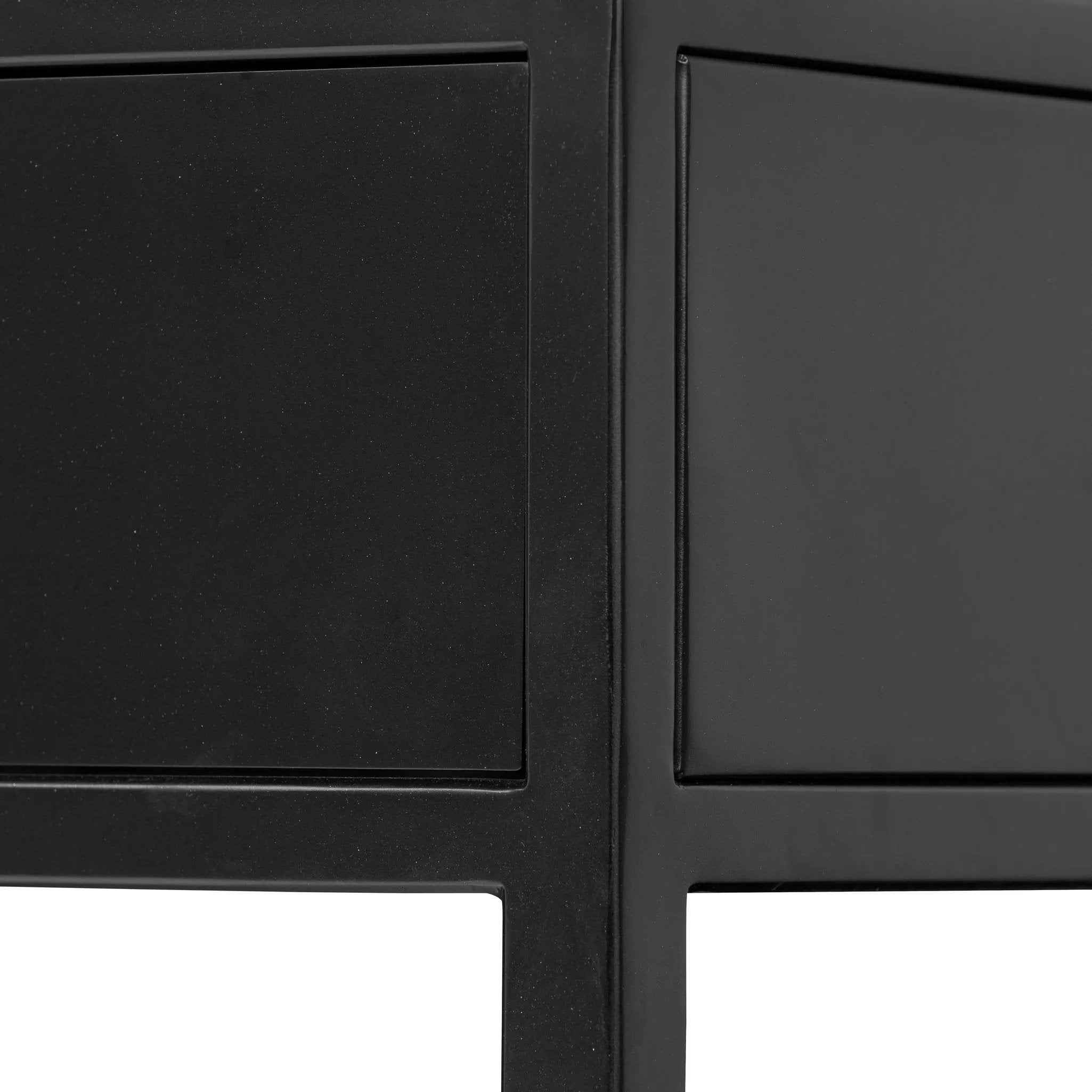 Featuring Jimi Black Cabinet by Four Hands at Amethyst Home. Storage-driven cabinetry inspired by angular geometry. Rich with monochromatic presence, a black-finished metal cabinet pairs with an airy iron base for a balance in scale. Three drawers bring even more storage, with bi-fold glass doors for display options. Minimalist bronzed hardware completes t. Amethyst Home provides interior design, new home construction design consulting, vintage area rugs, and lighting in the Washington metro area.