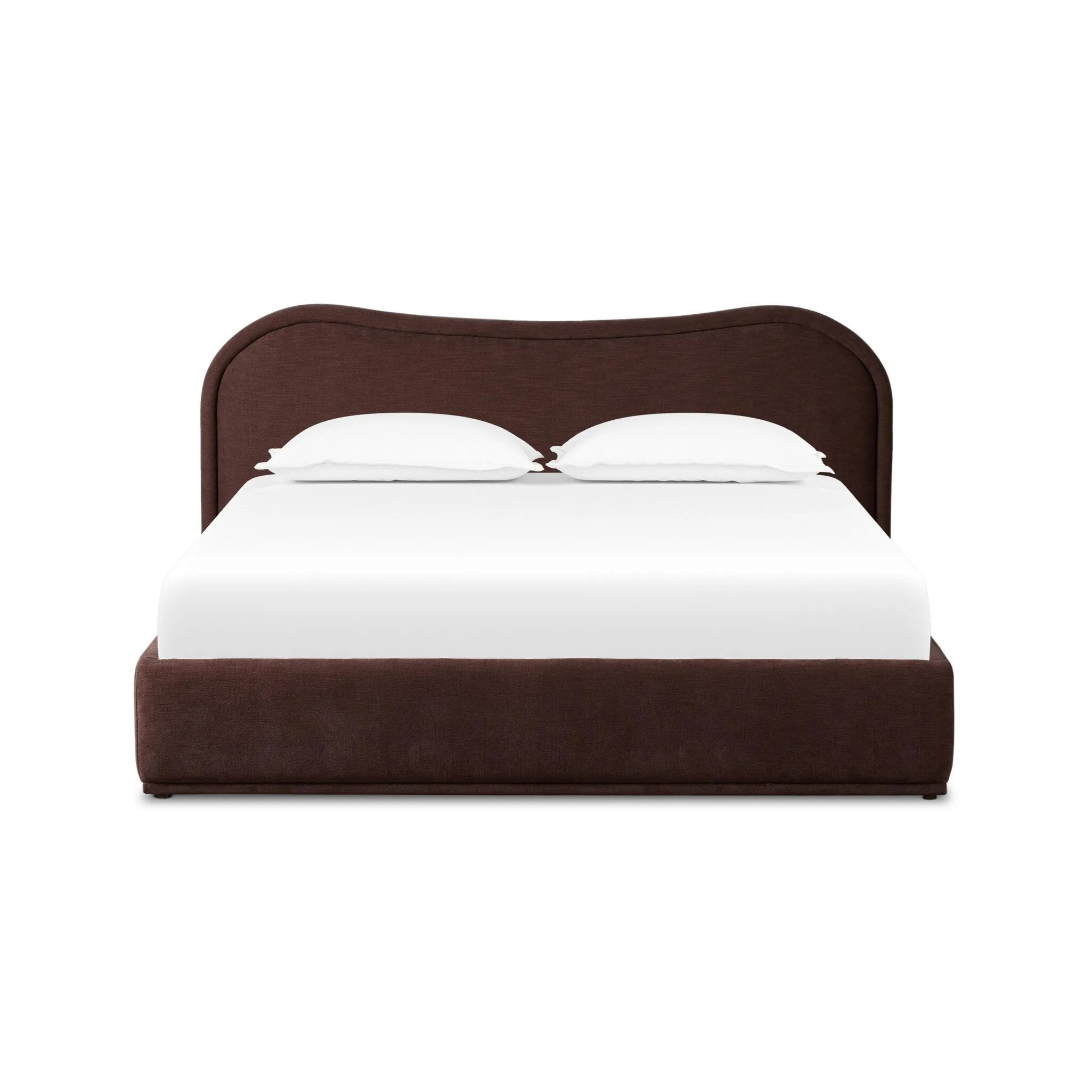 Subtly curved, this swooping bed frame is fully upholstered in a soft, plum-hue fabric for an inviting look that's rich in comfort Amethyst Home provides interior design, new home construction design consulting, vintage area rugs, and lighting in the Dallas metro area.