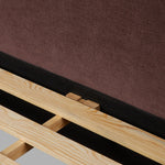 Subtly curved, this swooping bed frame is fully upholstered in a soft, plum-hue fabric for an inviting look that's rich in comfort Amethyst Home provides interior design, new home construction design consulting, vintage area rugs, and lighting in the Monterey metro area.