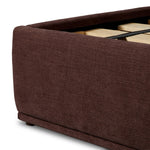 Subtly curved, this swooping bed frame is fully upholstered in a soft, plum-hue fabric for an inviting look that's rich in comfort Amethyst Home provides interior design, new home construction design consulting, vintage area rugs, and lighting in the Portland metro area.