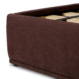 Subtly curved, this swooping bed frame is fully upholstered in a soft, plum-hue fabric for an inviting look that's rich in comfort Amethyst Home provides interior design, new home construction design consulting, vintage area rugs, and lighting in the Portland metro area.