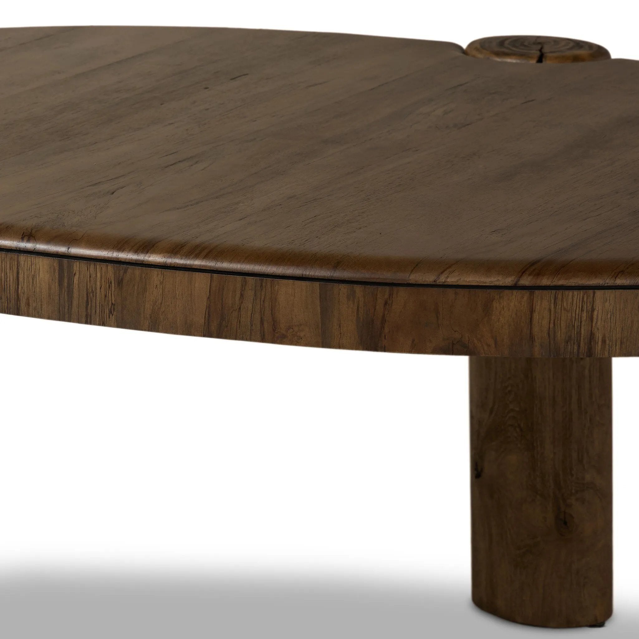 Perception play at work. A unique three-leg design shapes an organic, intentionally imperfect silhouette with a handmade look and feel. Legs of solid melina wood feature primitive design detailing while the desktop, made of spalted primavera, flaunts natural knots and graining. Together, that pairing of woods creates an intriguing visual contrast. Amethyst Home provides interior design, new home construction design consulting, vintage area rugs, and lighting in the Des Moines metro area.