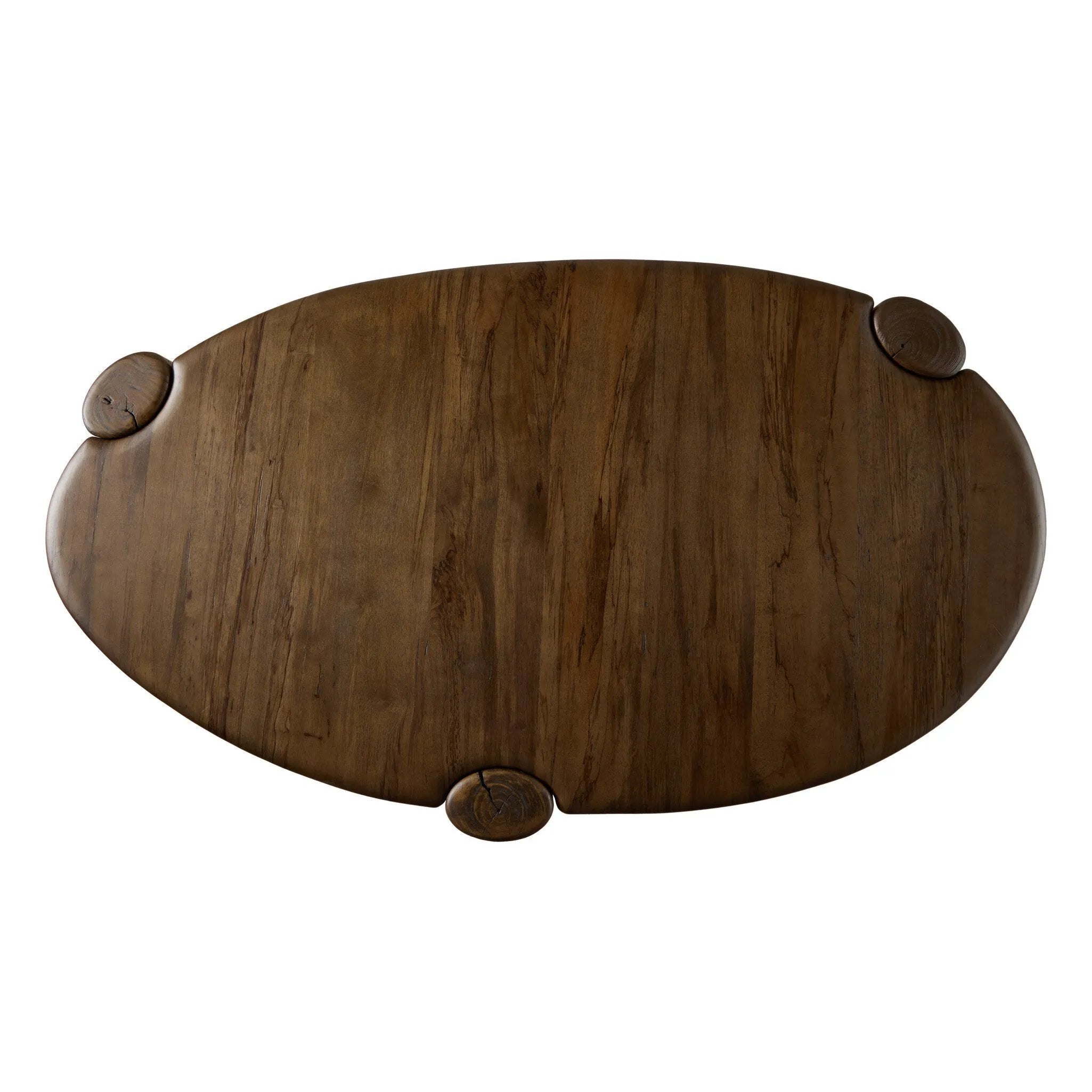 Perception play at work. A unique three-leg design shapes an organic, intentionally imperfect silhouette with a handmade look and feel. Legs of solid melina wood feature primitive design detailing while the desktop, made of spalted primavera, flaunts natural knots and graining. Together, that pairing of woods creates an intriguing visual contrast. Amethyst Home provides interior design, new home construction design consulting, vintage area rugs, and lighting in the Newport Beach metro area.