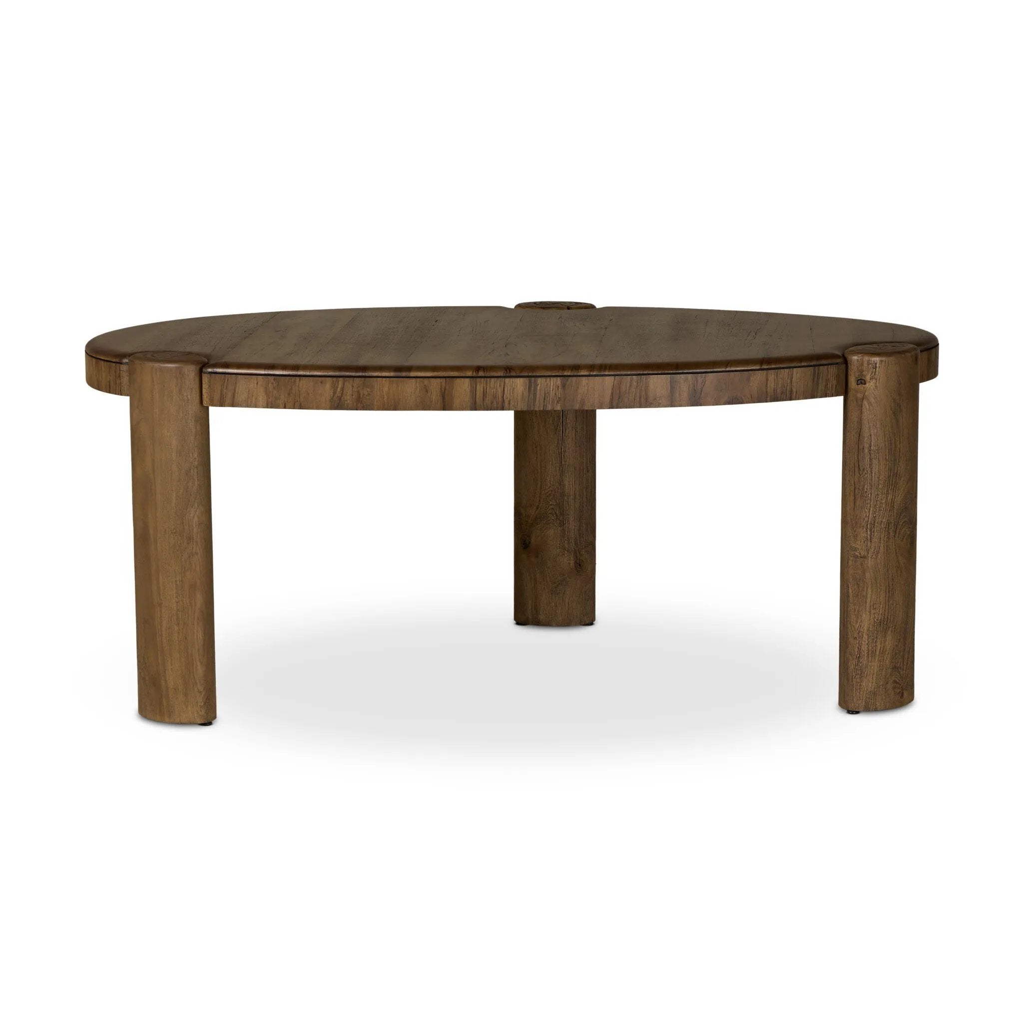 Perception play at work. A unique three-leg design shapes an organic, intentionally imperfect silhouette with a handmade look and feel. Legs of solid melina wood feature primitive design detailing while the desktop, made of spalted primavera, flaunts natural knots and graining. Together, that pairing of woods creates an intriguing visual contrast. Amethyst Home provides interior design, new home construction design consulting, vintage area rugs, and lighting in the Salt Lake City metro area.