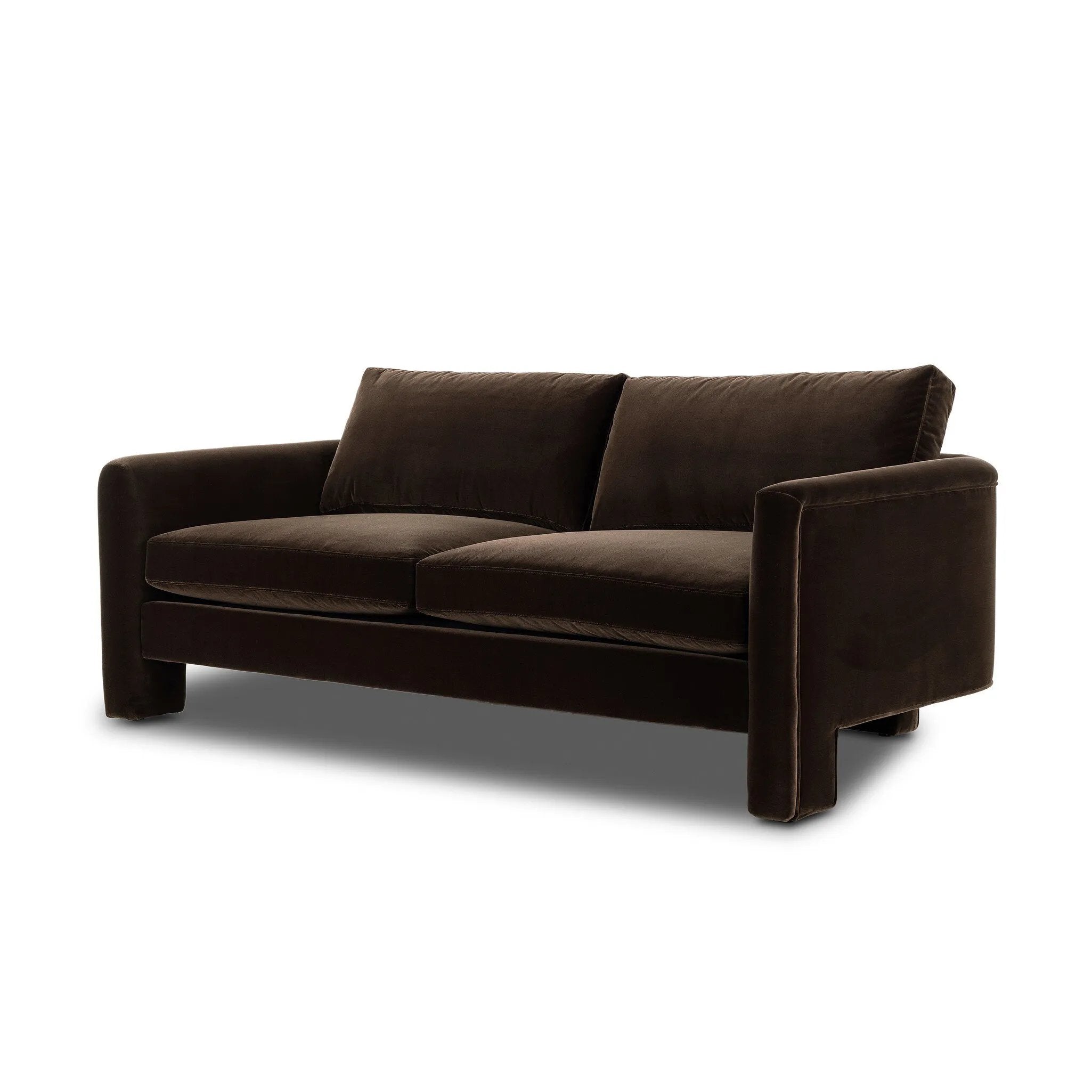 Float-style this unique sofa in a room to show off design details like sleek lines and rear cutouts. Designed with S spring construction, foam and fiber seat cushioning and loose feather-blend back cushions. Upholstered in a soft, velvety cotton. Amethyst Home provides interior design, new home construction design consulting, vintage area rugs, and lighting in the Tampa metro area.