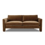 Float-style this unique sofa in a room to show off design details like sleek lines and rear cutouts. Designed with S spring construction, foam and fiber seat cushioning and loose feather-blend back cushions. Upholstered in a soft, velvety cotton in a warm ochre hue. Amethyst Home provides interior design, new home construction design consulting, vintage area rugs, and lighting in the Laguna Beach metro area.