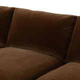 Float-style this unique sofa in a room to show off design details like sleek lines and rear cutouts. Designed with S spring construction, foam and fiber seat cushioning and loose feather-blend back cushions. Upholstered in a soft, velvety cotton in a rich chocolate brown Amethyst Home provides interior design, new home construction design consulting, vintage area rugs, and lighting in the Calabasas metro area.