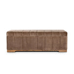 Picture this contemporary yet timeless trunk at the foot of your bed, for storage of extra linens, clothing or throw pillows. This soft, structured piece features a velvety fabric with vertical channel tufting. All grounded by a solid oak base. Amethyst Home provides interior design, new home construction design consulting, vintage area rugs, and lighting in the Washington metro area.