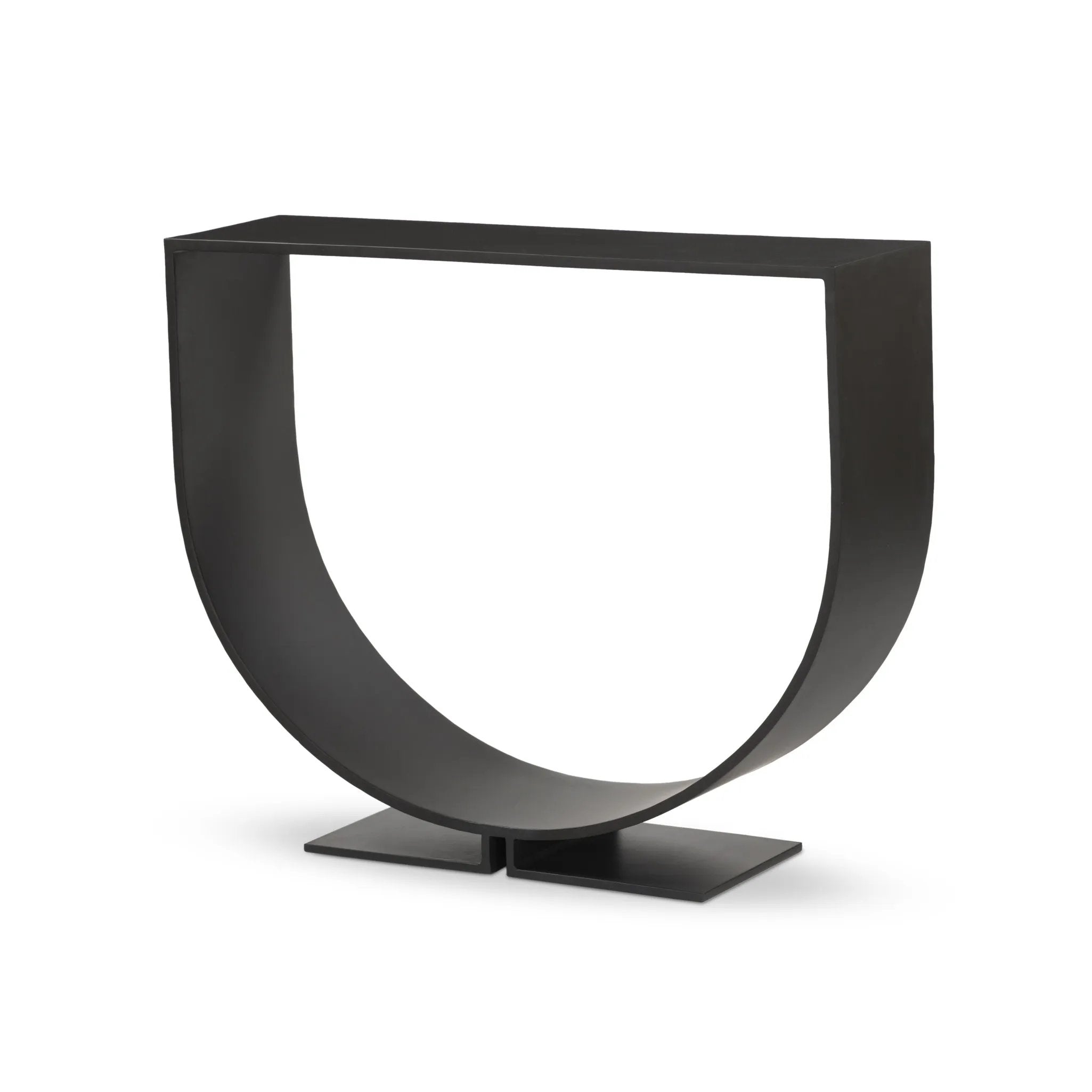 Simply structured and architectural, this outdoor firewood holder is constructed of an inverted arch of charcoal iron atop a minimalist split base foot. Cover or store indoors during inclement weather and when not in use Amethyst Home provides interior design, new home construction design consulting, vintage area rugs, and lighting in the Newport Beach metro area.