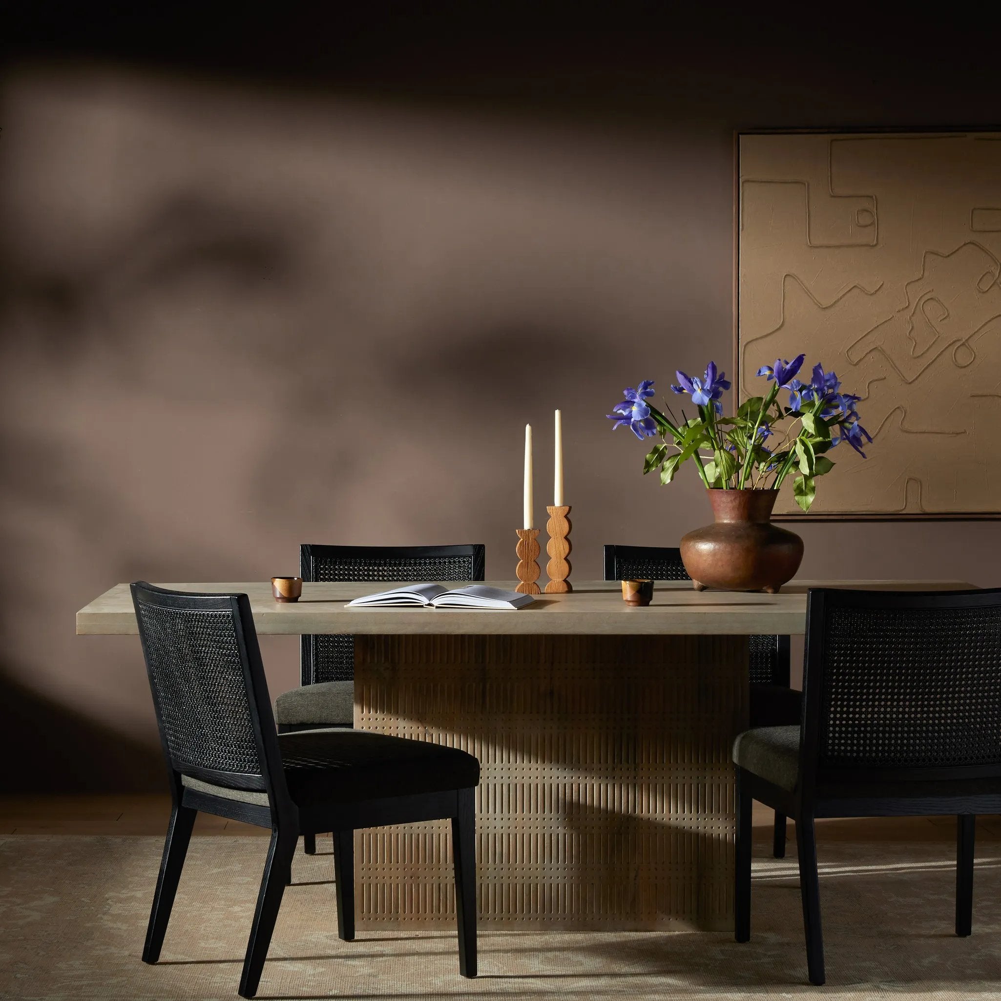 Unique linear carving with an artisan slant. Mango wood is finished in a light wash, highlighting texture and craftsmanship alike. Seats eight comfortably Amethyst Home provides interior design, new home construction design consulting, vintage area rugs, and lighting in the Portland metro area.