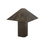 Burnished brass iron in a pyramid shape gives an  industrial feel to this lamp's dark green canvas base with softened corners Amethyst Home provides interior design, new home construction design consulting, vintage area rugs, and lighting in the Austin metro area.