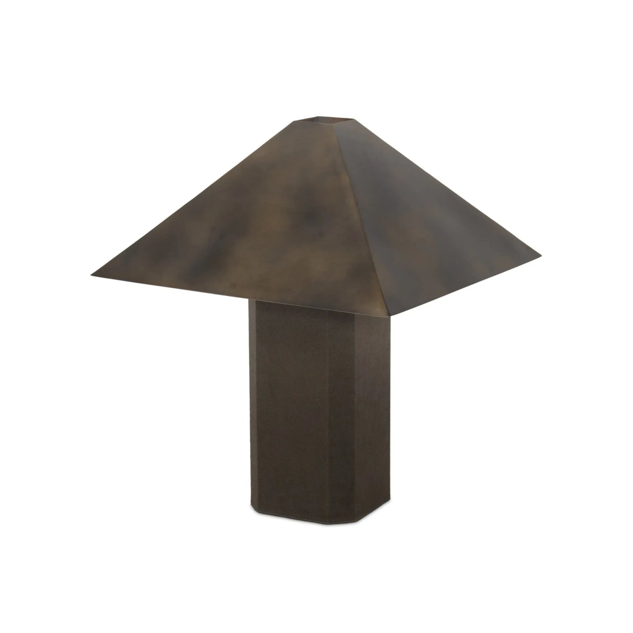 Burnished brass iron in a pyramid shape gives an  industrial feel to this lamp's dark green canvas base with softened corners Amethyst Home provides interior design, new home construction design consulting, vintage area rugs, and lighting in the Austin metro area.