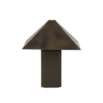 Burnished brass iron in a pyramid shape gives an  industrial feel to this lamp's dark green canvas base with softened corners Amethyst Home provides interior design, new home construction design consulting, vintage area rugs, and lighting in the Charlotte metro area.