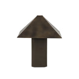 Burnished brass iron in a pyramid shape gives an  industrial feel to this lamp's dark green canvas base with softened corners Amethyst Home provides interior design, new home construction design consulting, vintage area rugs, and lighting in the Charlotte metro area.