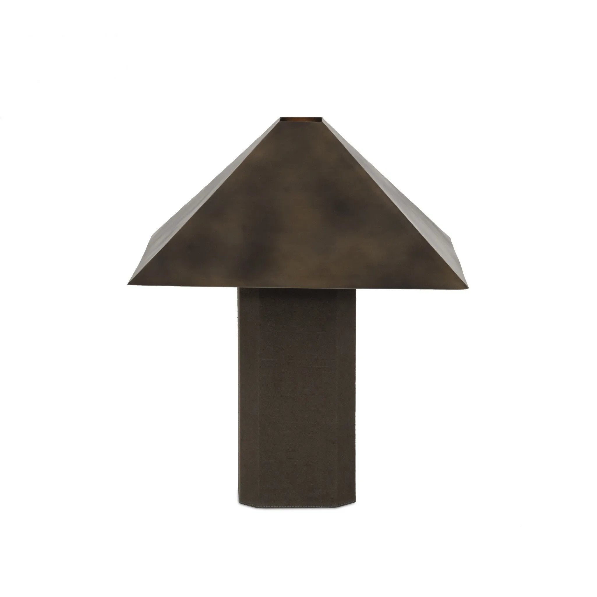 Burnished brass iron in a pyramid shape gives an  industrial feel to this lamp's dark green canvas base with softened corners Amethyst Home provides interior design, new home construction design consulting, vintage area rugs, and lighting in the Charlotte metro area.