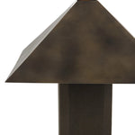 Burnished brass iron in a pyramid shape gives an  industrial feel to this lamp's dark green canvas base with softened corners Amethyst Home provides interior design, new home construction design consulting, vintage area rugs, and lighting in the Monterey metro area.
