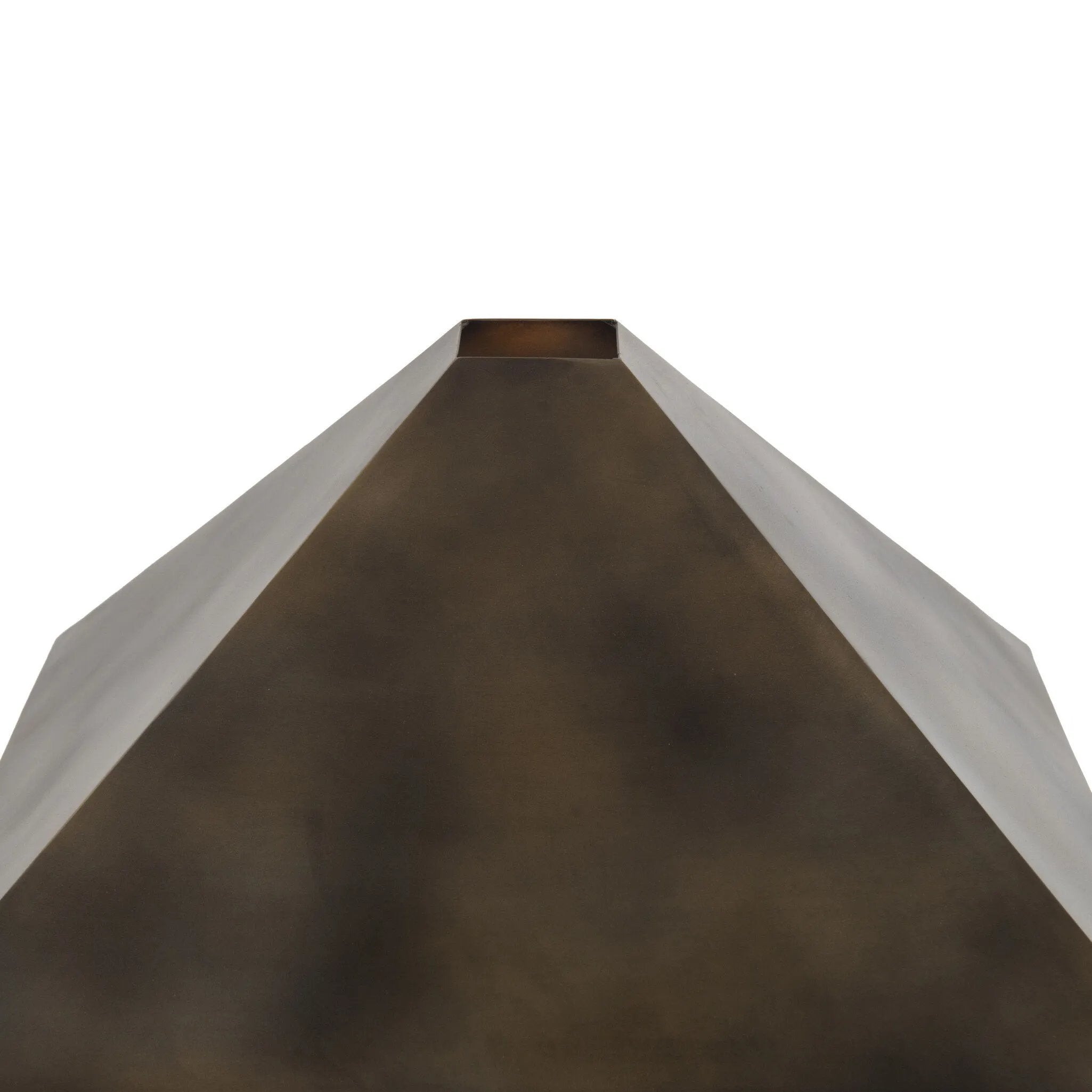 Burnished brass iron in a pyramid shape gives an  industrial feel to this lamp's dark green canvas base with softened corners Amethyst Home provides interior design, new home construction design consulting, vintage area rugs, and lighting in the Newport Beach metro area.