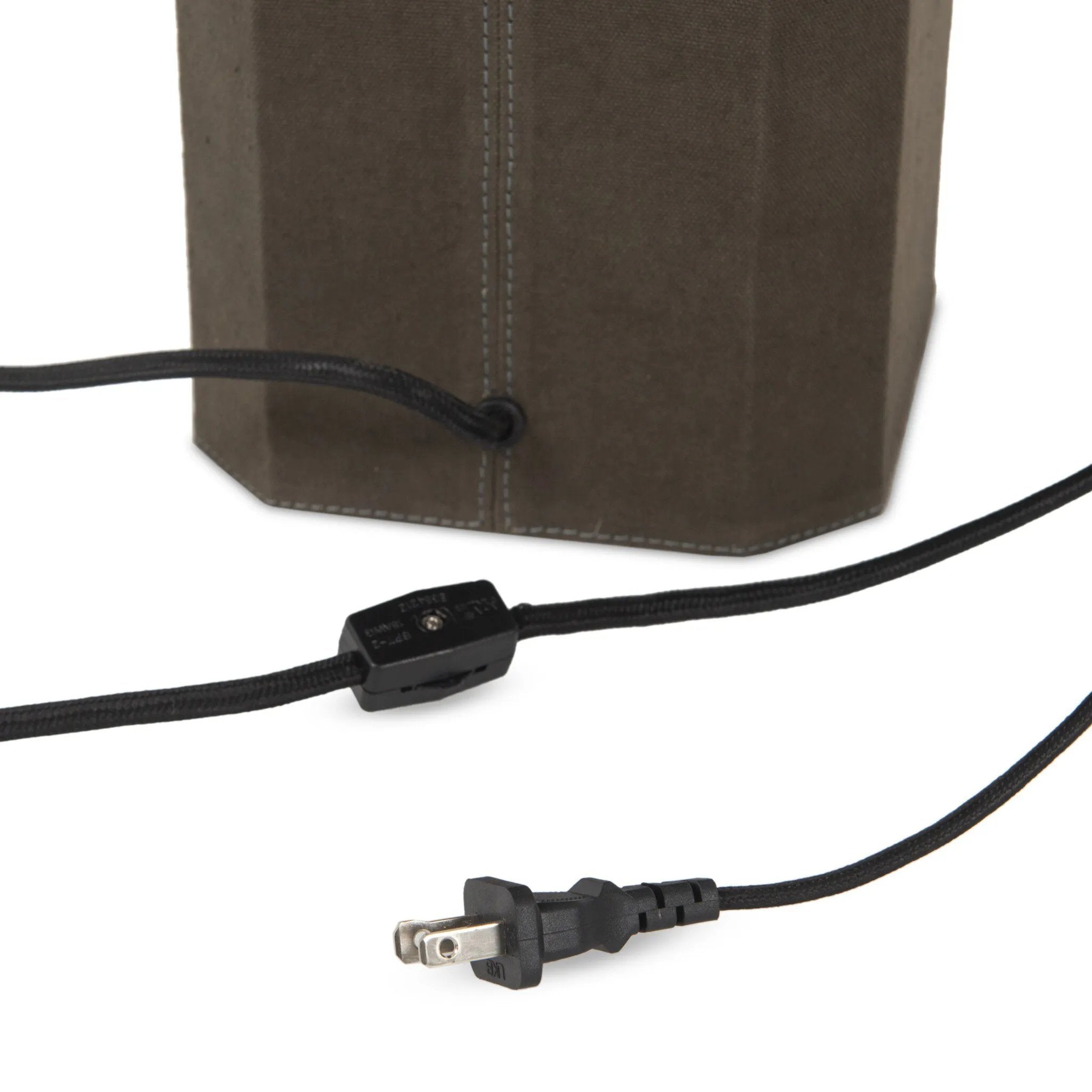 Burnished brass iron in a pyramid shape gives an  industrial feel to this lamp's dark green canvas base with softened corners Amethyst Home provides interior design, new home construction design consulting, vintage area rugs, and lighting in the Washington metro area.