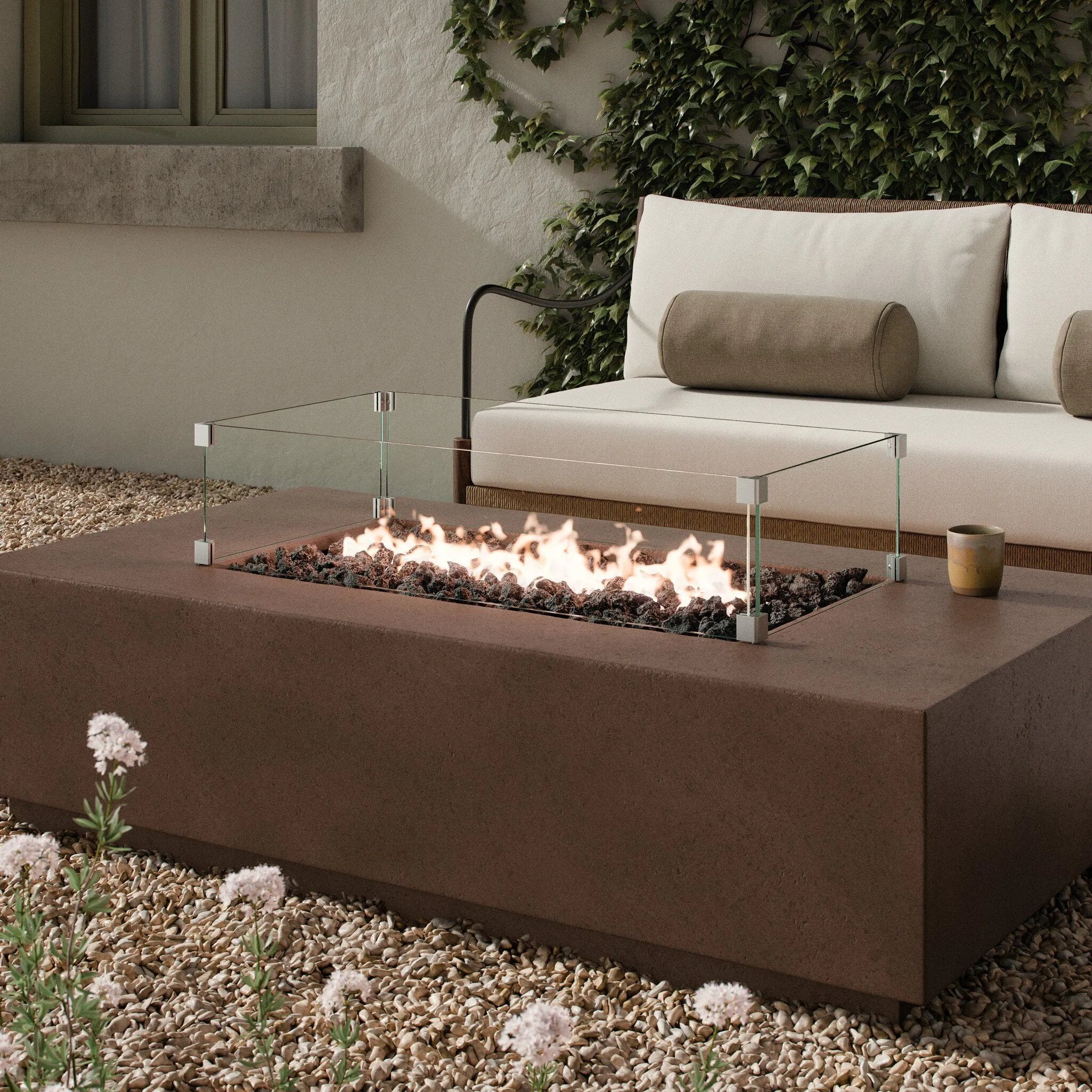 Designed for use in residential and hospitality spaces, this tempered glass wind guard kit is designed to fit the outline shape of the Kenton Outdoor Fire Table. It protects the fire from waning in the wind. Refer to included assembly instructions for correct installation. Amethyst Home provides interior design, new home construction design consulting, vintage area rugs, and lighting in the Boston metro area.