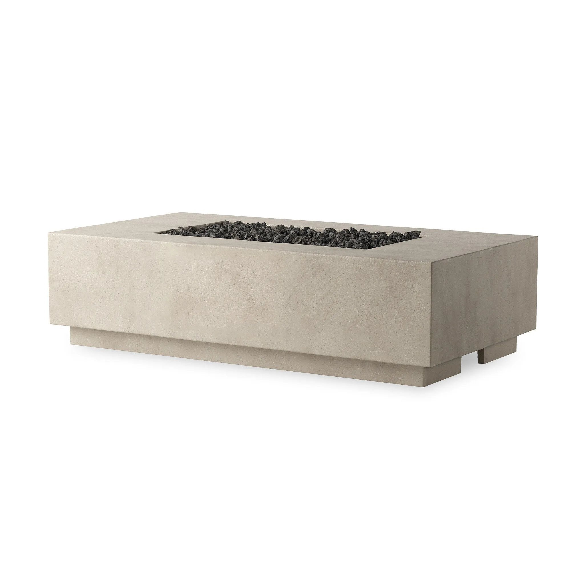 This outdoor fire table is a welcoming centerpiece designed for gathering. Made from glass-reinforced concrete, each piece is naturally finished with deep tones of pewter and dark grey. The monolithic shape is completed with lavastones in the center, bringing together a bold, monochromatic look. Amethyst Home provides interior design, new home construction design consulting, vintage area rugs, and lighting in the Winter Garden metro area.